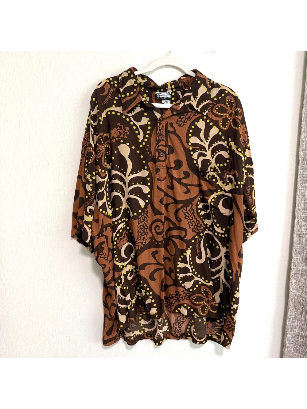 Manuhealii Mens Hawaiian Aloha Pullover Shirt XXL Brown Tribal Short Sleeve